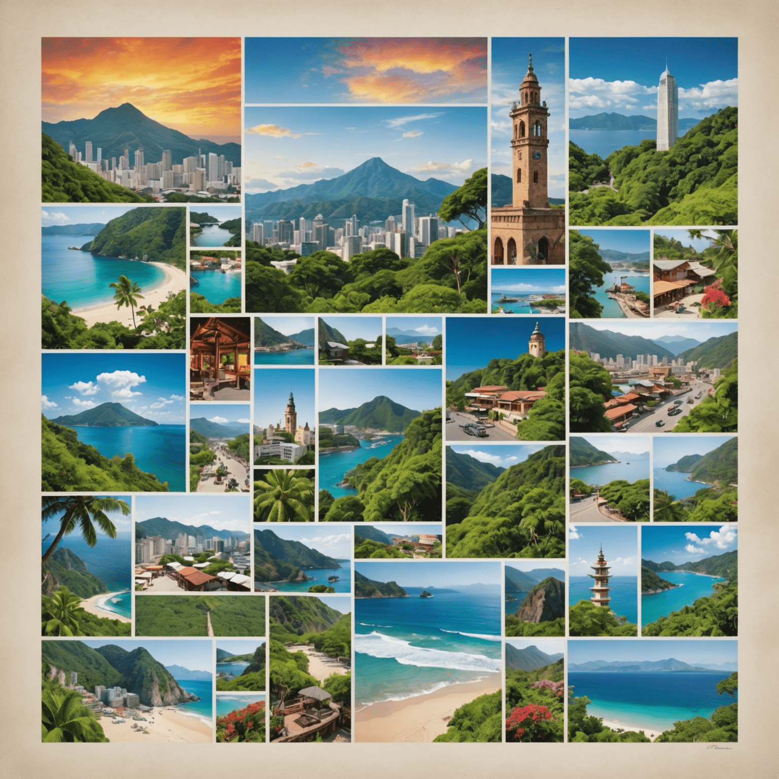 A collage of Meme Travel images showcasing diverse destinations, including a serene beach, bustling city skyline, and lush mountain landscape, representing the global scope of Flockcerz's Meme Travel offerings