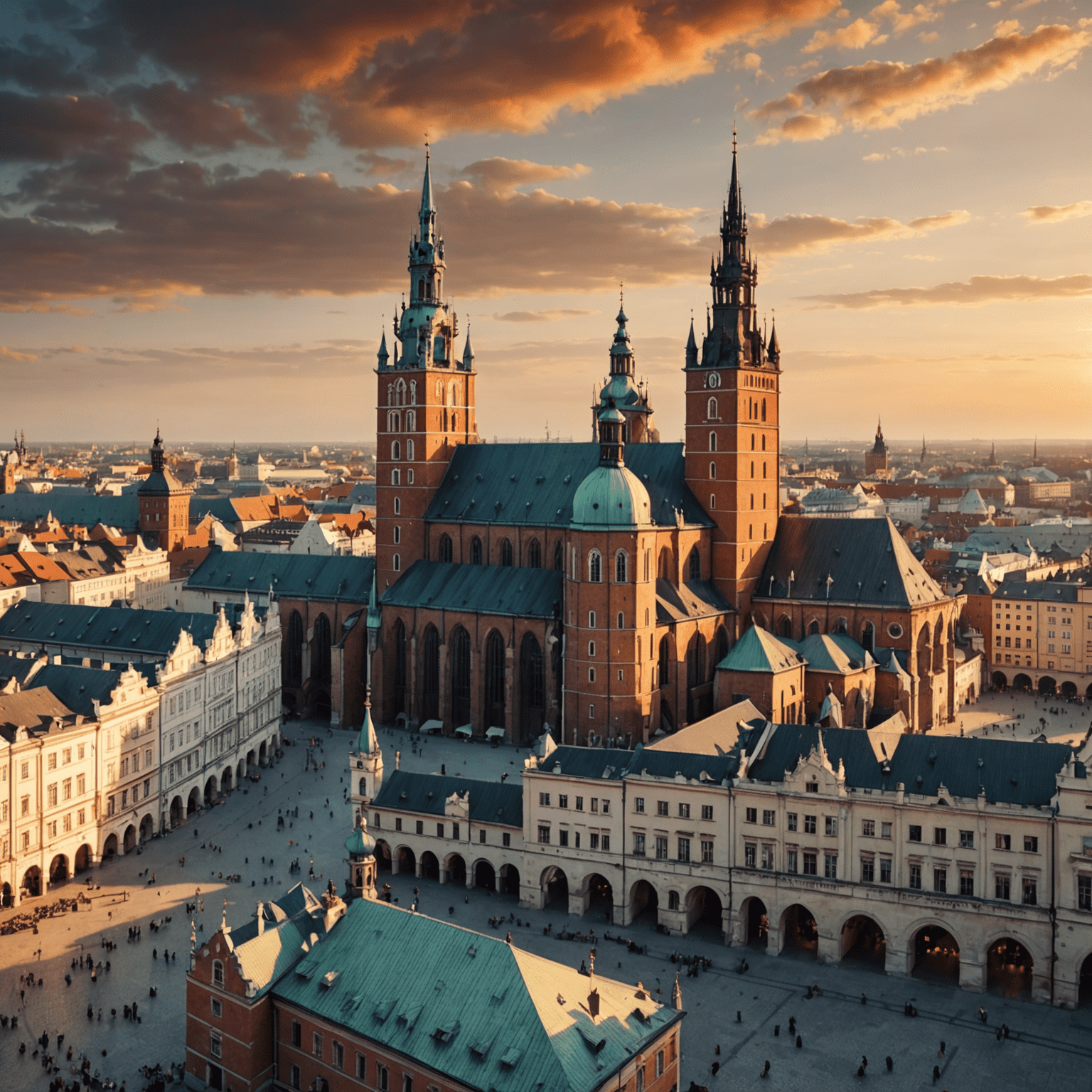 Panoramic view of Krakow's Old Town with St. Mary's Basilica and the Cloth Hall at sunset, showcasing the city's historic architecture and charm