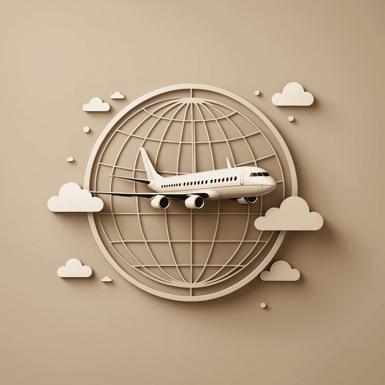 A stylized airplane icon with a warm beige background, surrounded by gentle cloud patterns and a subtle globe outline, representing Flockcerz's flight booking service