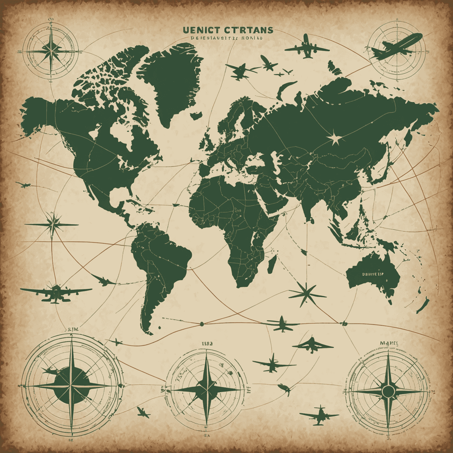 A warm, inviting image of a world map with flight paths connecting various destinations. The map has a soft, earthy color palette with forest green continents and rich brown flight paths. Small, charming airplane icons are seen flying across the map.