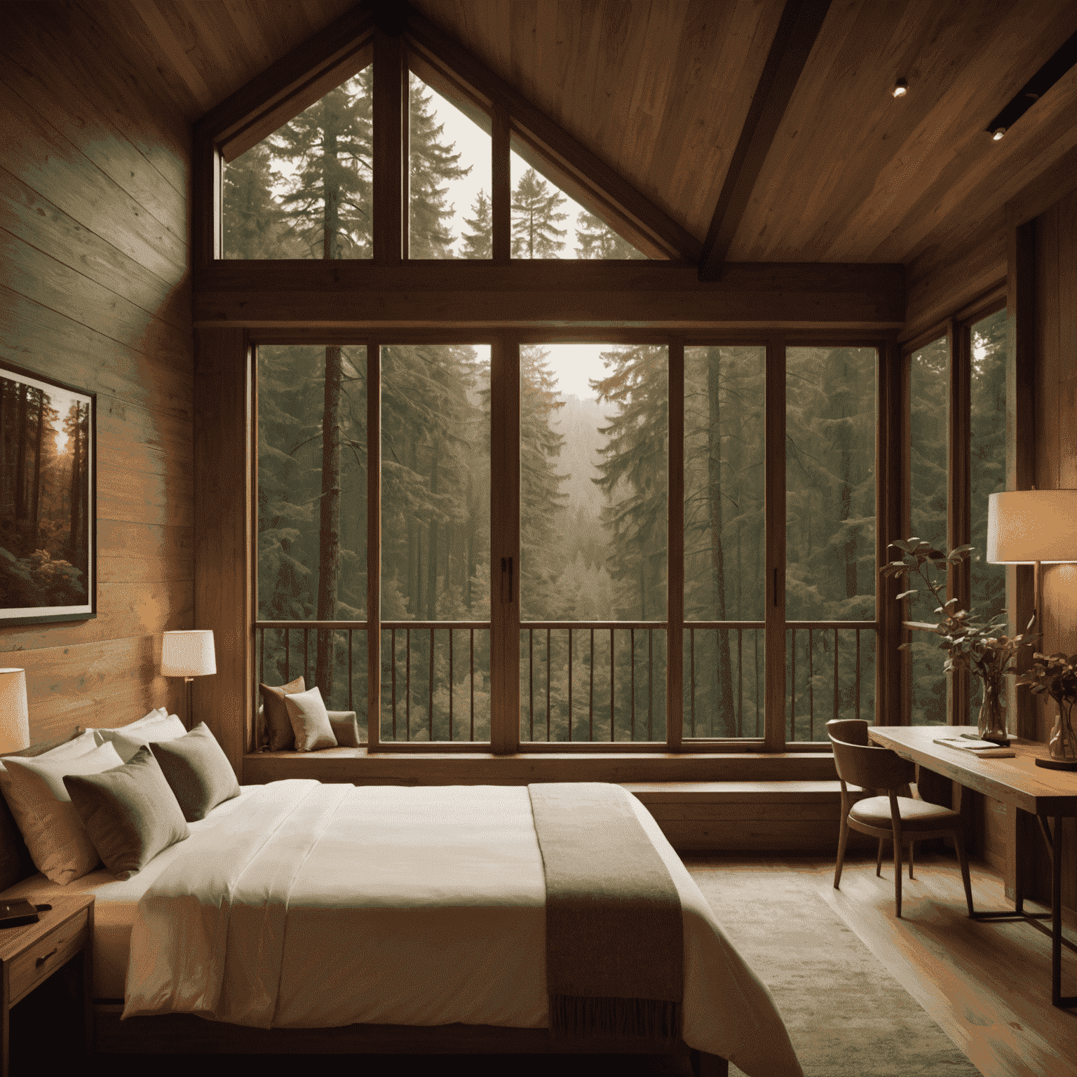 A cozy hotel room with a large bed, warm lighting, and a view of a lush forest through a window. The room has earthy tones and natural wood furnishings, creating a warm and inviting atmosphere.