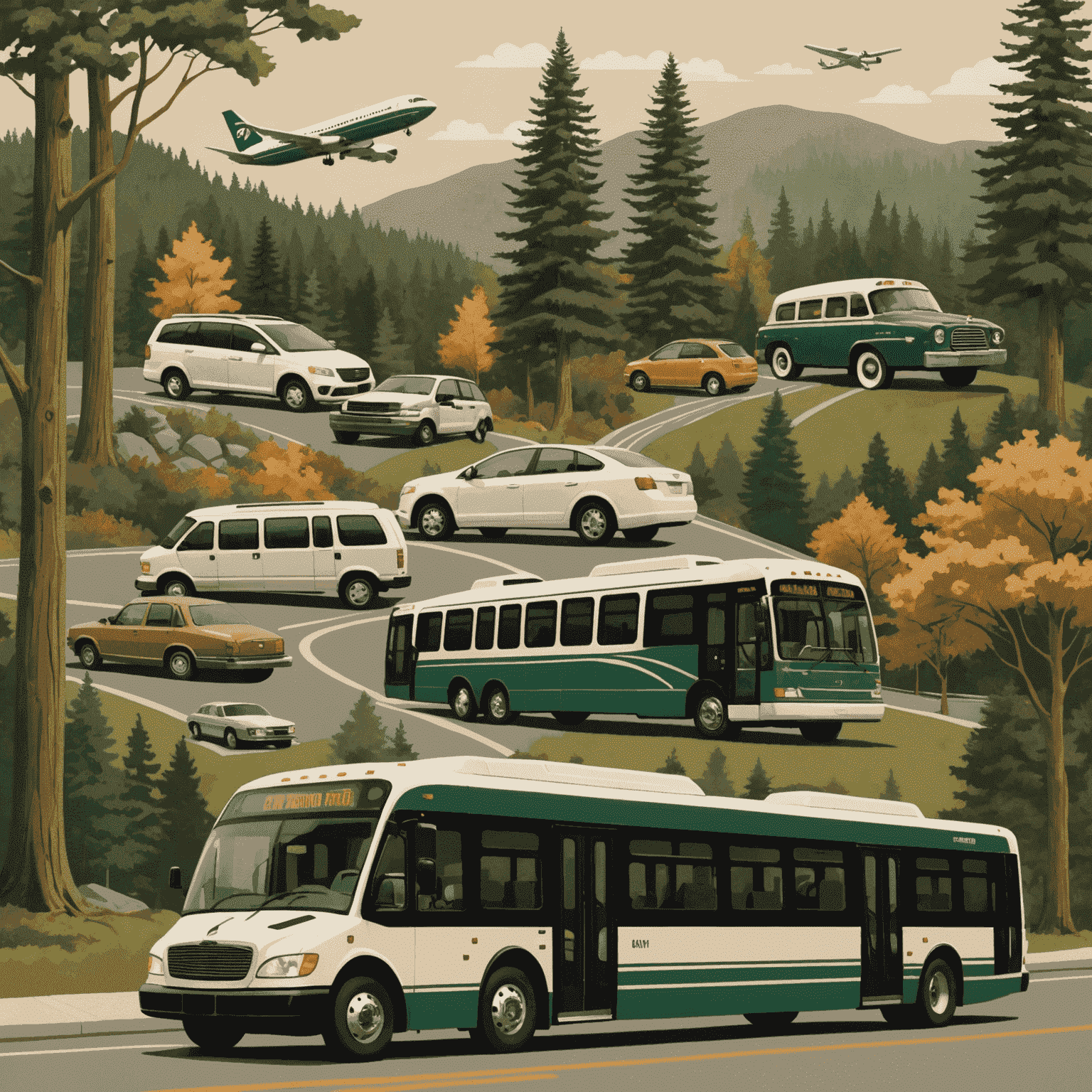 A collage of various transportation options including a rental car, airport shuttle, and public bus in a charming, earthy setting with warm beige and forest green tones