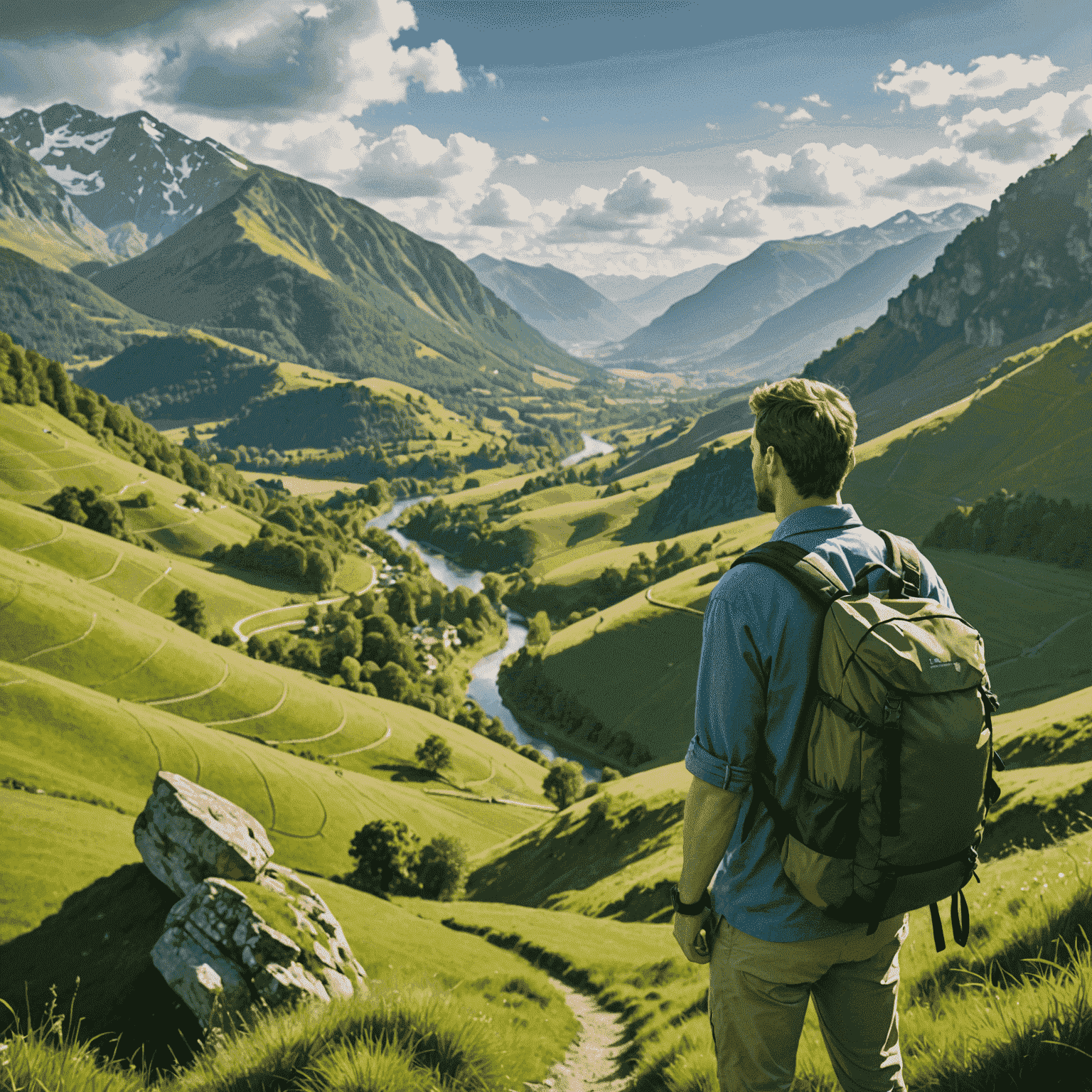 A serene landscape showing a Meme Traveler with a backpack overlooking a lush green valley, symbolizing the peace of mind that comes with Meme Travel insurance