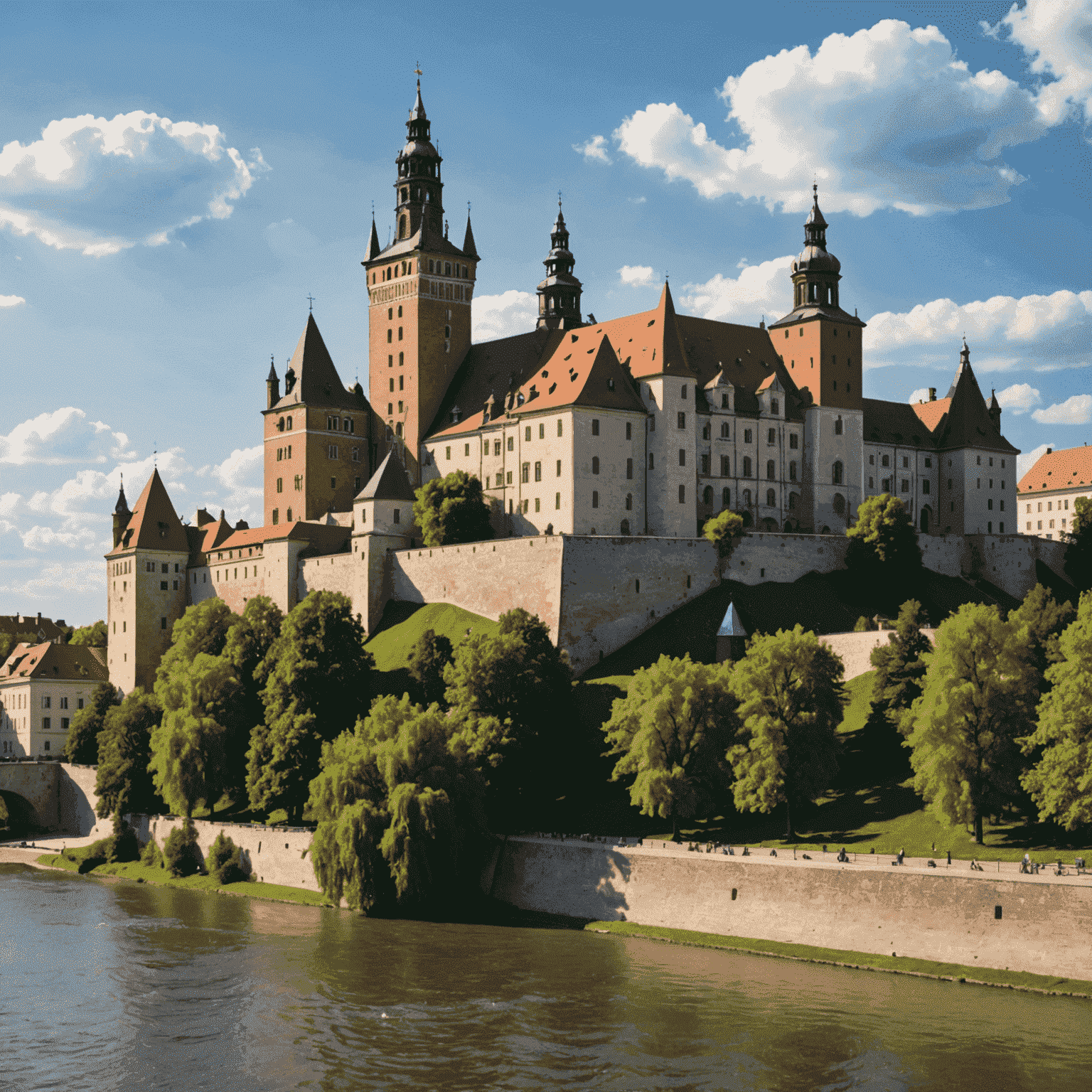 Majestic Wawel Castle perched on a hill overlooking the Vistula River, with its Renaissance courtyard and Gothic cathedral visible