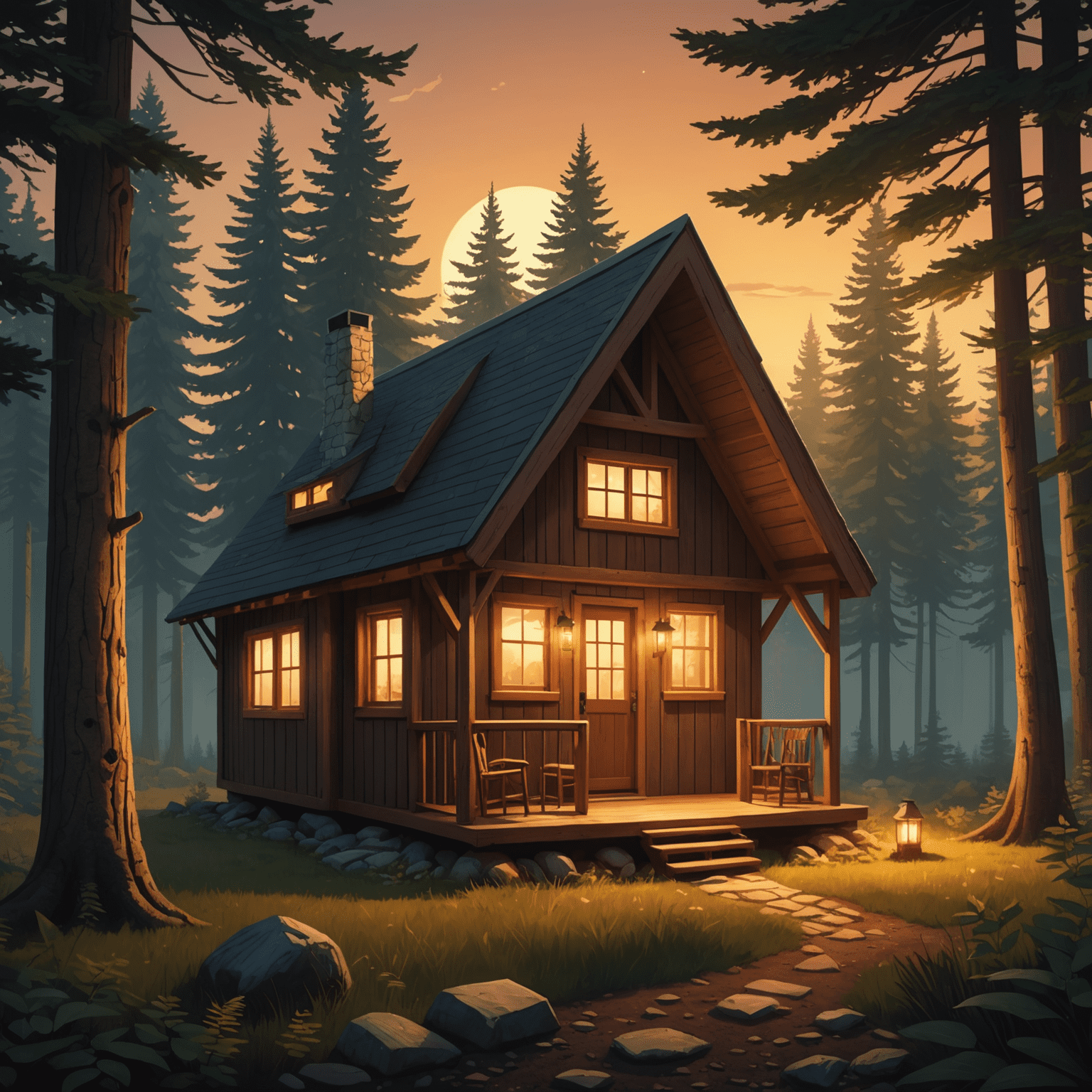 A cozy cabin icon nestled in a forest setting, with a warm glow emanating from the windows, symbolizing Flockcerz's diverse accommodation options