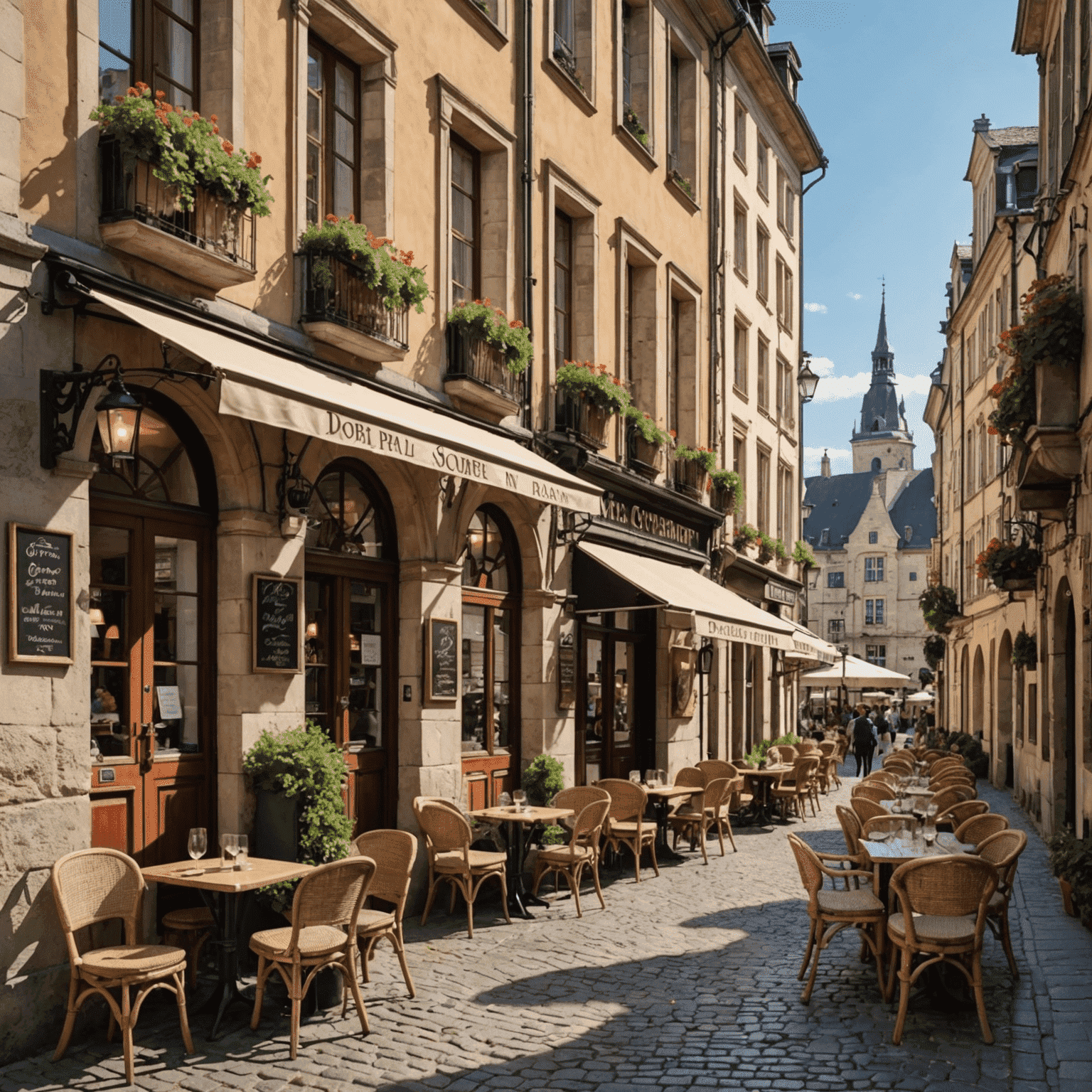 A picturesque European cityscape featuring historic architecture, charming cobblestone streets, and a quaint café with outdoor seating. The image embodies the essence of a cultural European tour package.