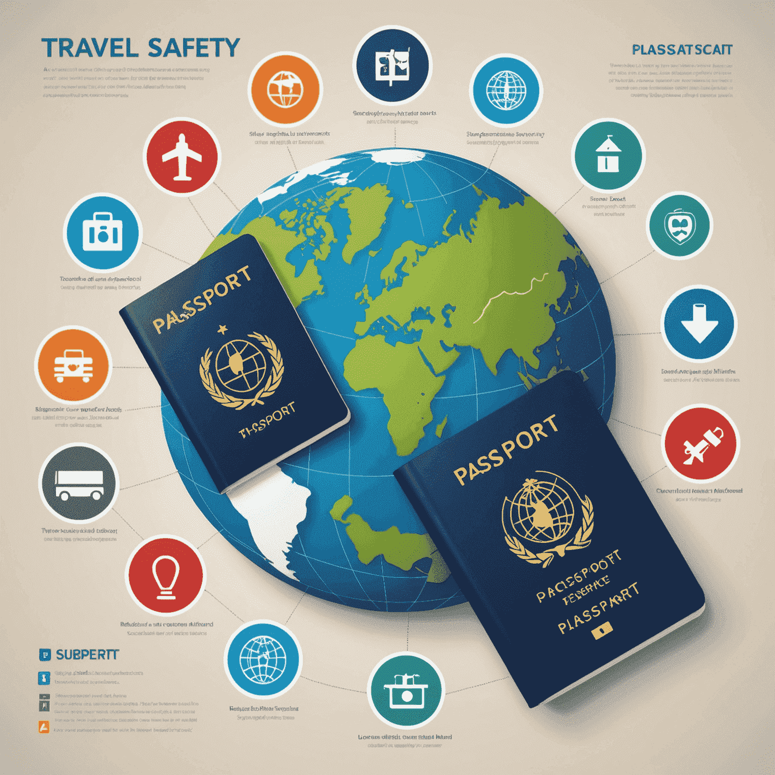 An infographic-style image showing various Meme Travel safety icons, such as a passport, a medical cross, and a globe with location markers