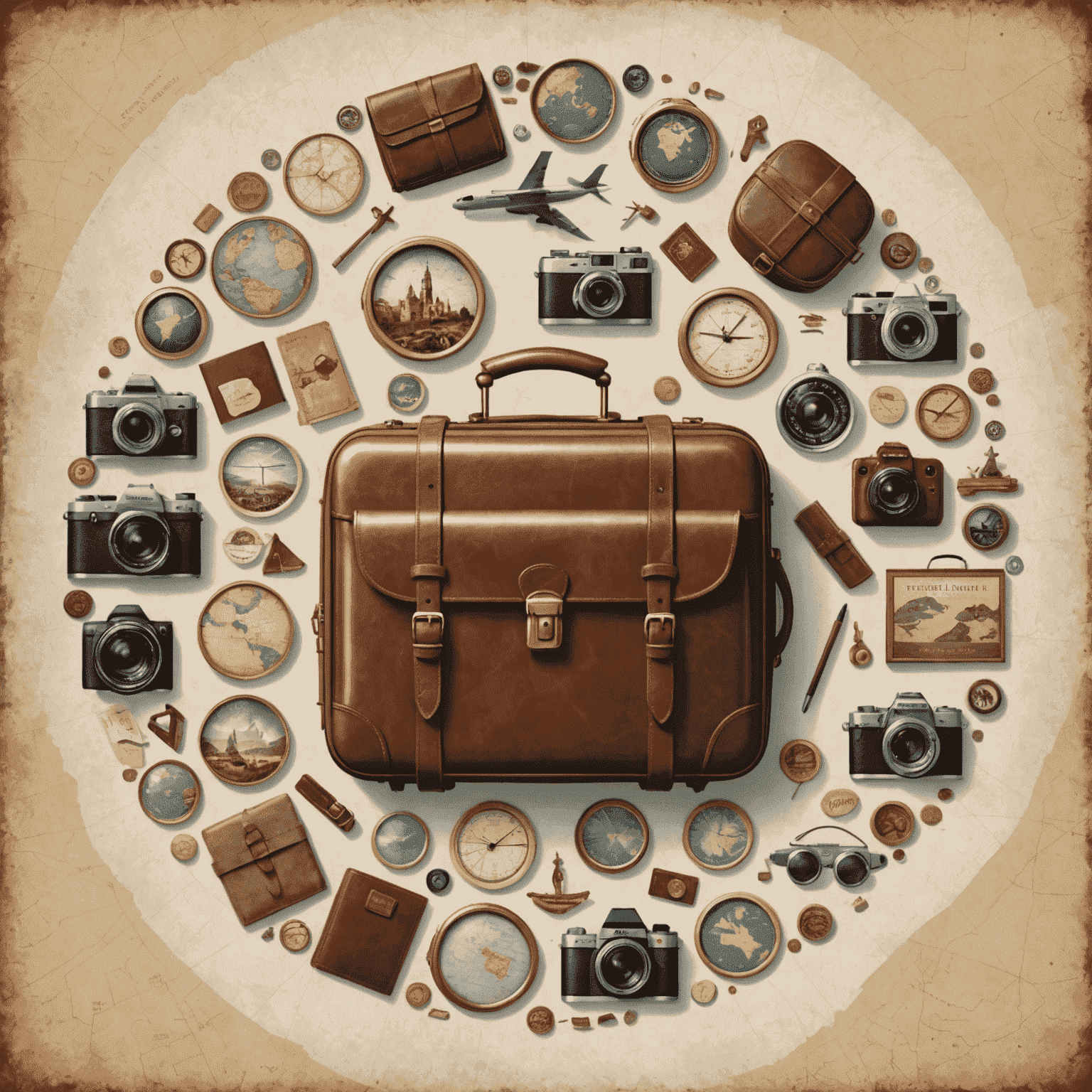 A collage of Meme Travel icons including a suitcase, camera, and map, arranged in a circular pattern with earthy tones, representing Flockcerz's comprehensive Meme Travel packages