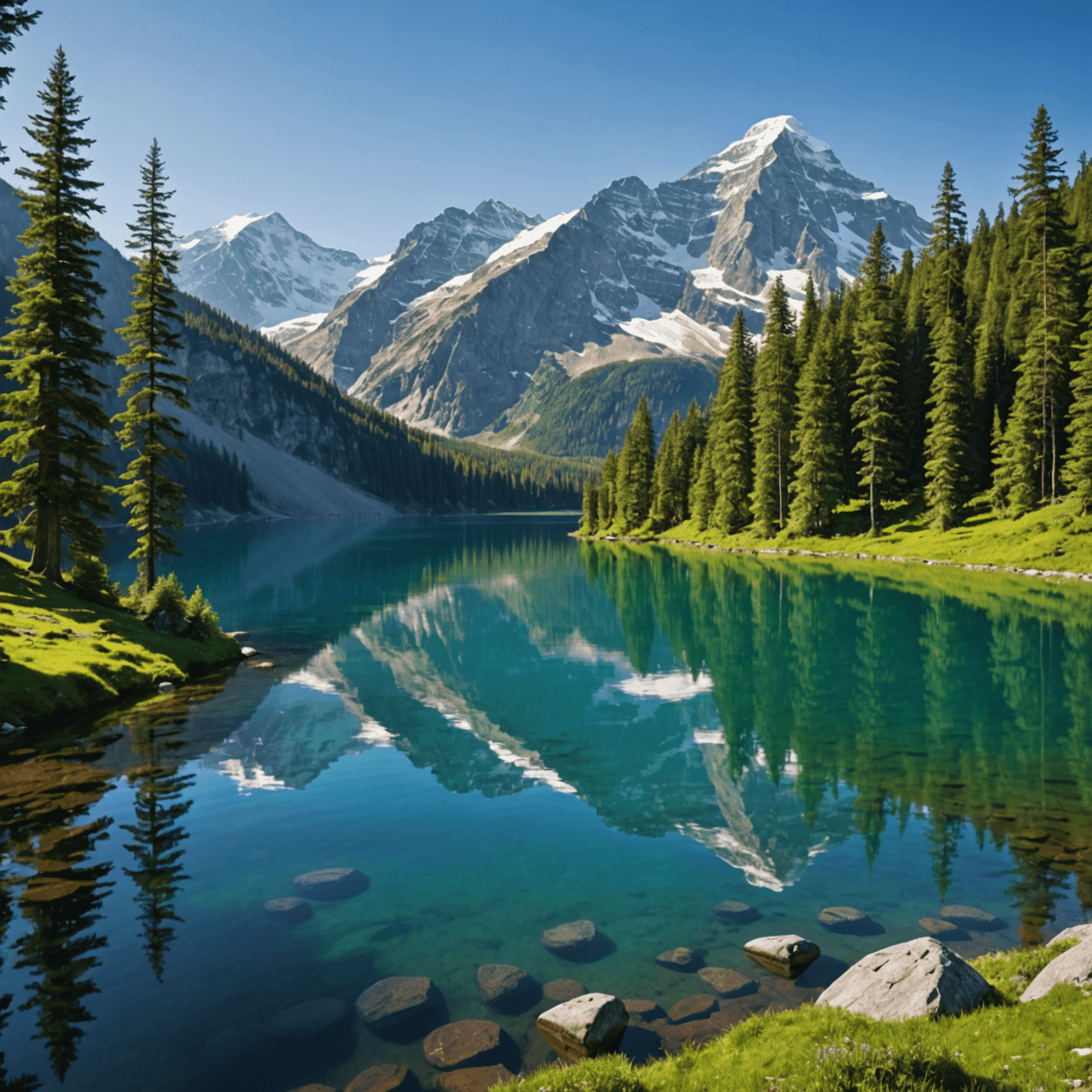 A breathtaking mountain landscape with snow-capped peaks, a crystal-clear lake, and lush forests. The image represents an adventurous mountain retreat package.