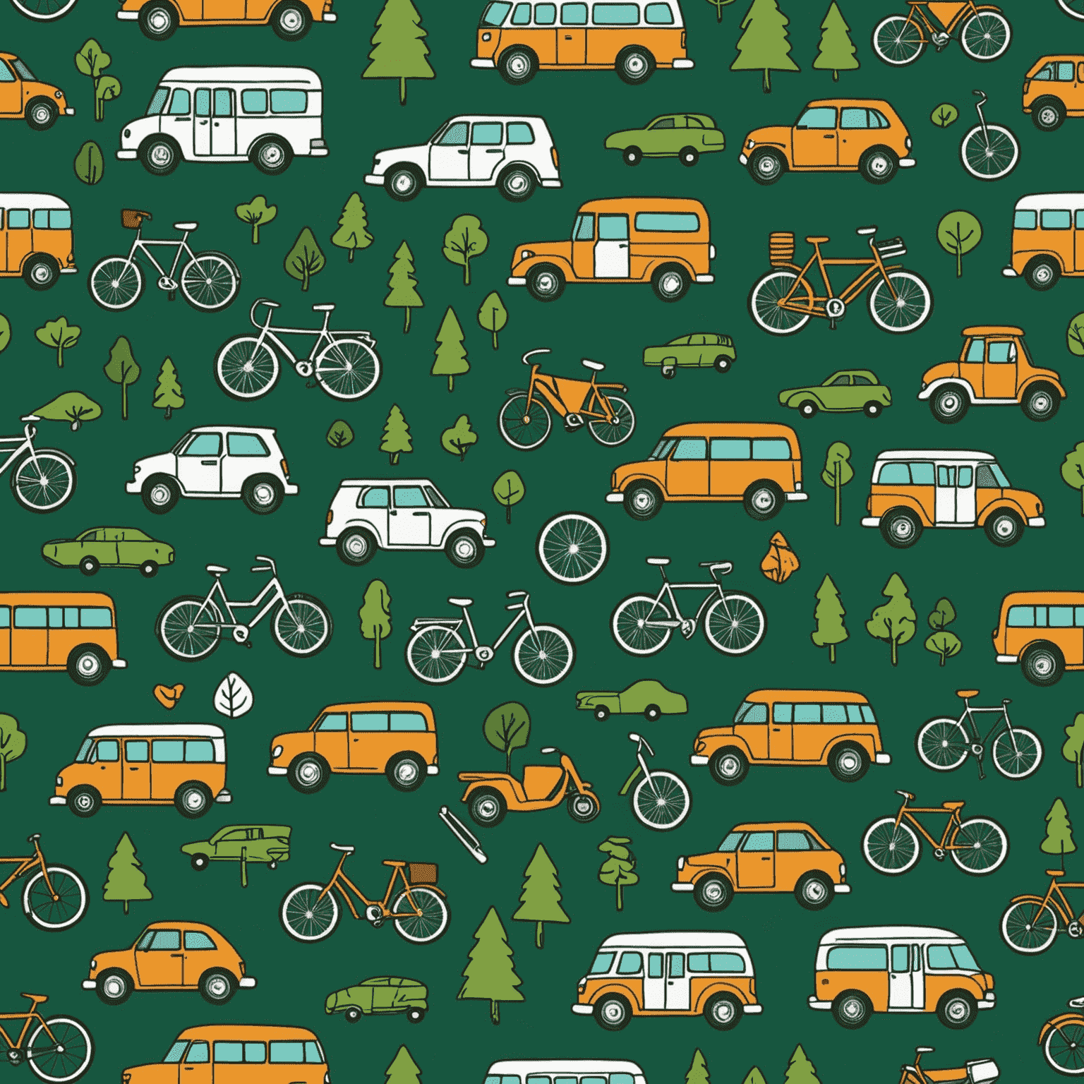 A set of hand-drawn transportation icons including a car, bus, and bicycle, arranged on a map background with forest green accents, illustrating Flockcerz's diverse transportation options